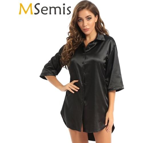 Womens Nightgown Button Down Sleepshirt Satin 3/4 Sleeve Nightshirt Solid Sleepshirt Boyfriend Notch Collar Nightdress Sleepwear