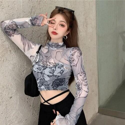 Lady Long Sleeve Stretch Sexy Transparent Streetwear Hip-hop Cool Top Women Gothic Charater Mesh Thin Short T Shirt 2021 Summer