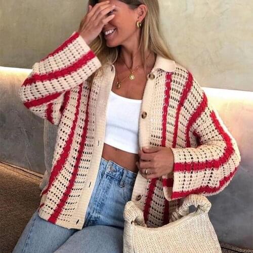 Women Sweater Knitted Cardigan with Striped Pattern,Fashion Casual Button Decoration Loose Version Street Style Autumn Clothing