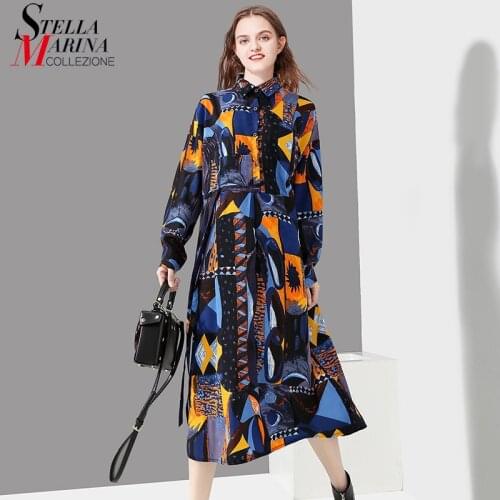 Korean Style Woman Plus Size Casual Blue Printed Shirt Dress Sash Long Sleeve Girls Stylish Party Elegant Dress Robe Femme 3932