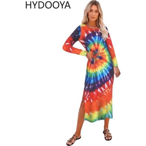 Tie Dye Printed Full Sleeve O-Neck Womens Long Dress Casual Loose Splited Maxi Dresses Fashion Vestidos Autumn Outfits 2021