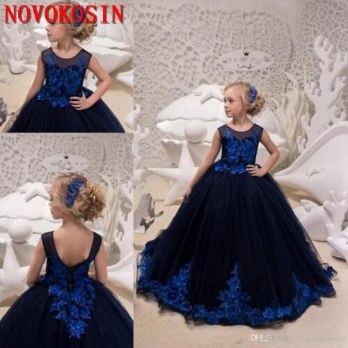 2019 Navy Blue Tulle Ball Gown Flower Girls Dresses Sleeveless Lace Appliques Beaded Princess Puffy Long Party Girls Gown