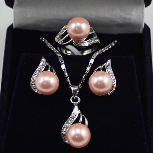 Popular New natural 10mm shell pearl pendant earrings ring set 5color Pink brown black grey red