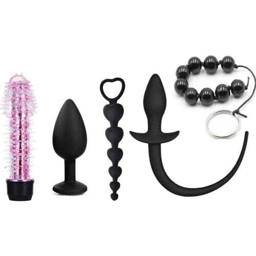 5pcs/set Vibrator Dog Tail Anal plug Beads Silicone Realistic Suction Cup Dildo Erotic Adult Sex Toys for Couples No Condoms