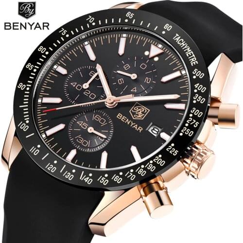 Men Silicone Chronograph Quartz Mens Watches Benyar New Top Brand Luxury Sport Wrist watch Male date Rose gold Clock relogio