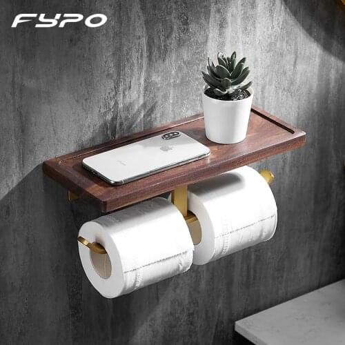 Fypo Black Walnut Toilet Paper Holder,Kitchen Organiser with Towel hook Wall Mounted Rack Wooden Tray Bathroom Tissue Holder