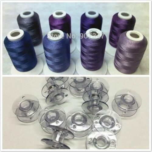 Violet/Purple Series Polyester Computer Machine Embroidery Thread 500m*8 + 12PCS Plastic Empty Bobbin Cases Size A ,Light Blue