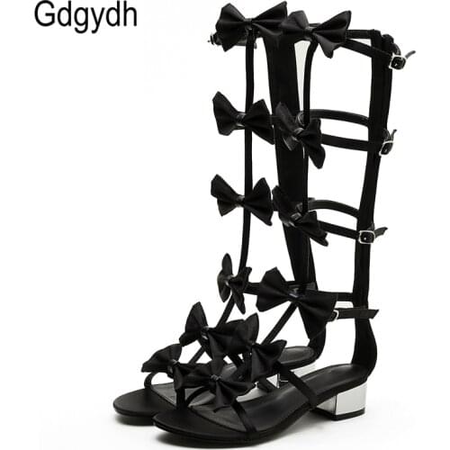 Gdgydh Knee High Gladiator Sandals Sexy Back Zipper Bow Knot Sandals For Women Cut Out Ankle Strap Rome Sandal Low Thick Heel