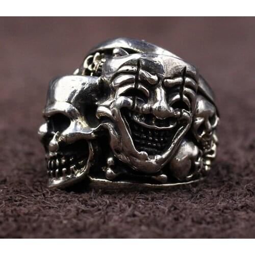 New funny smiley skull ring, alternative fashion domineering double ghost hea real pure S925 silver solid hilarious man ring