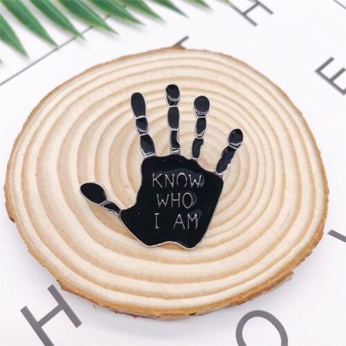 Creative Cartoon Palm Finger Enamel Brooch KNOW WHO I AM Alloy Badge Denim Shirt Bag Pin Accessories Jewelry Gift For Friends