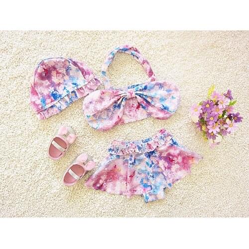 Stars Flowers Kids Girls Bikini 2 Pieces Swimming Suit Swimwear Top + Pants + Hat Summer Beach Wear Big Bowknot Swimsuit SA4026