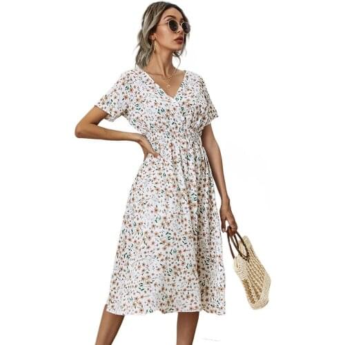 Summer Floral Dresses Women Casual V-Neck Short Sleeve Print Dress Female Fashion Elastic Waist White Dress Beach Dress Vestidos