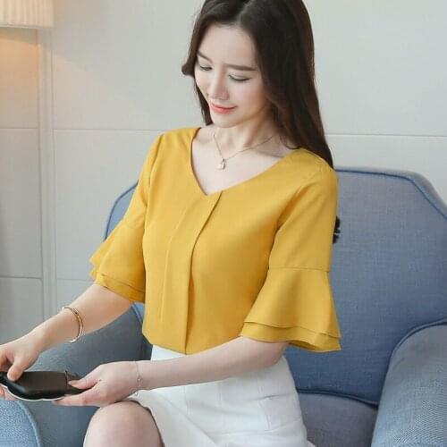 Summer Shirt Clothes Women New Slim Short Sleeve Chiffon Blouse Office Ladies Simple V-neck Pure Color Fashion Casual Top H9137