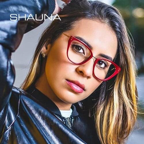SHAUNA Retro TR90 Cat Eye Women Glasses Frame Clear Anti Blue Light Eyewear Men Spring Hinge Optical Frame Computer Goggles