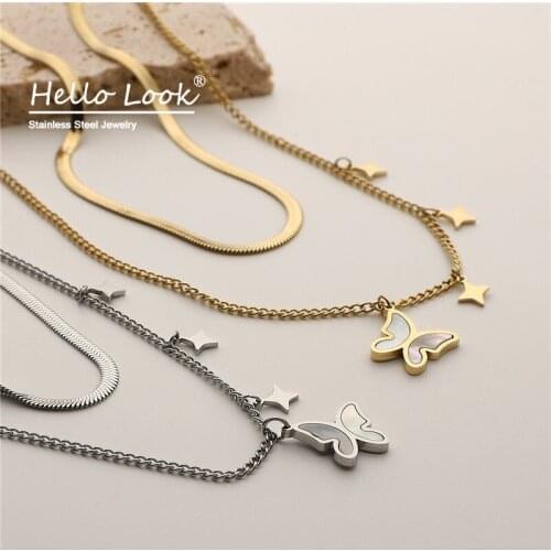 HelloLook Natural White Shell Butterfly Pendant Necklace Stars Charms Choker 14K Gold Stainless Steel Flat Chain Necklace