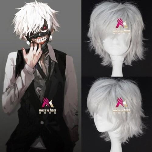Wigs Tokyo Ghoul Kaneki Ken Wig Short Straight Silver Grey Synthetic Hair Cosplay Anime Wigs Heat Resistance Fiber +wig cap