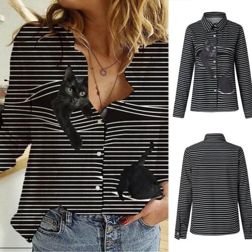 Round neck cute animal Stripe Print Long sleeve cardigan womens top temperament tops women 2021 Print Button Top