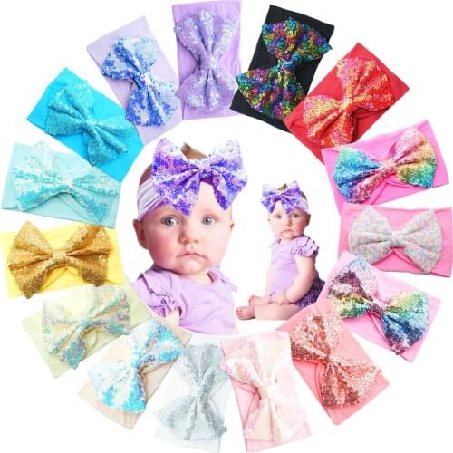 15 Colors Super Stretchy Soft Baby Girl Headbands with 5" Bling Sequins Festival Hair Bows Nylon Head Wrap For Newborn Baby Girl