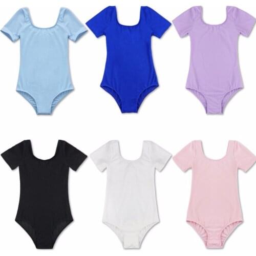 Girls Basic Gymnastics Leotard Short Sleeve Ballet Dance Training Bodysuit Toddler Kid Dancewear Costume Skate Dress Solid Color