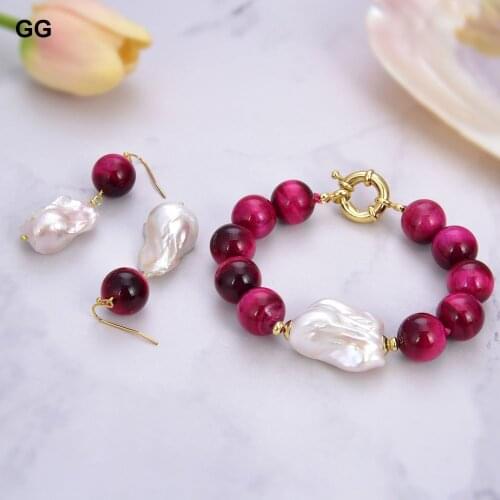 GuaiGuai Jewelry Cultured White Keshi Pearl 14mm Fuchsia Tiger Eye Bracelet Dangle Hook Earrings Sets