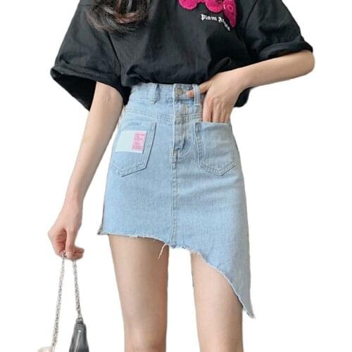 New Womens Summer Vintage Design Irregular Denim Skirt Female Cowboy Mini Skirts High Waist Slim Asymmetrical Jean Short Skirt