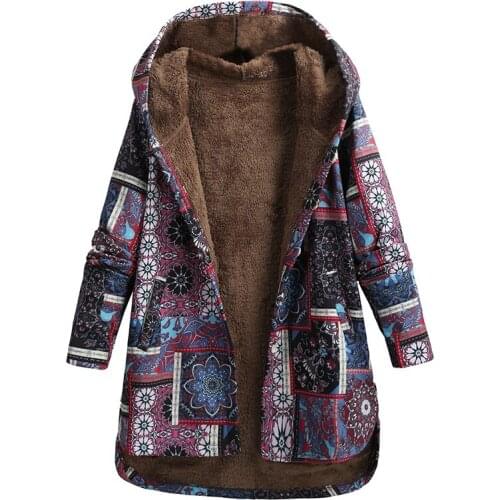 Womens Coat Warm Fleece Parka Long Coat and Jacket Women Autumn Winter Hooded Jacket Retro Floral Print Outwear Coat