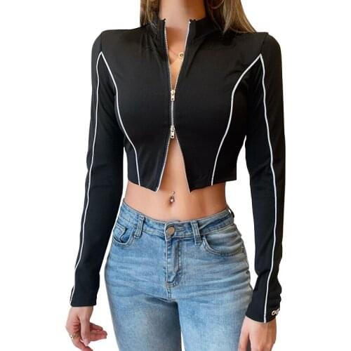 Womens Zip Up Crop Top, Casual Long Sleeve Mock Neck Slim Fit Basic Sweatshirt with Reflective Stripes