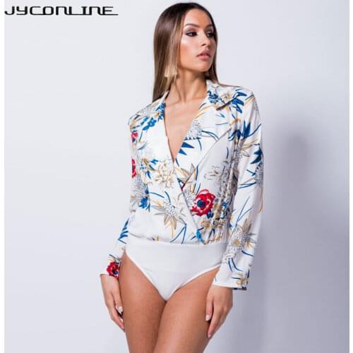 JYConline Floral Print Deep V Sexy Bodysuit Women Fashion Turn Down Collar Body Suit Top Lady Elegant Black Jumpsuit Overalls XL