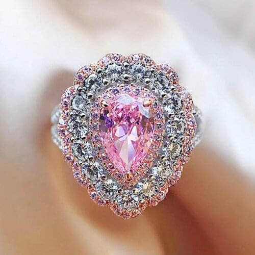 2021 Trend Luxury 925 Sterling Silver Pink Quartz Crystal High Carbon Diamond Wedding Engagement Rings Party Cocktail Jewelry