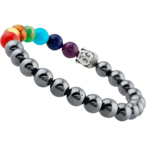 SUNYIK 7 Chakra 8mm Hematite Stone Bracelet Reiki Healing Balancing Round Beads Yoga Jewelry