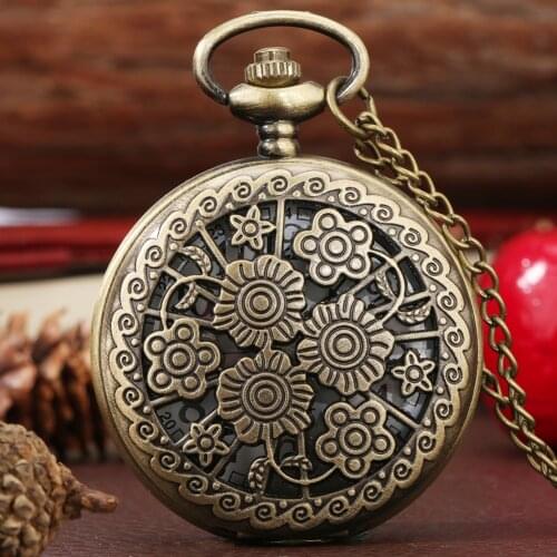 Bronze Retro Hollow Skeleton Beautiful Flower Pattern Quartz Pocket Watch Clock Hour Necklace Chain Mens Womens Pendant Gifts