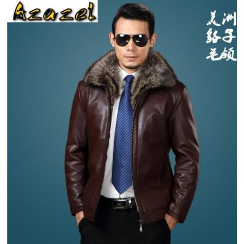 Hot Winter New Raccoon Fur Collar Fur One Male Fur Coats Men Short Section Leather Jacket Mens Thick Genuine Leather Jackets