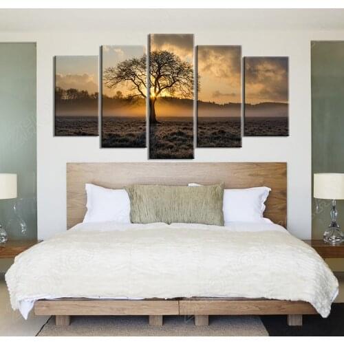 Canvas Painting Vintage Wall Art Frame Printed Pictures 5 Panel Poster Sunrise Tree Landscape Photo For Living Room Decor