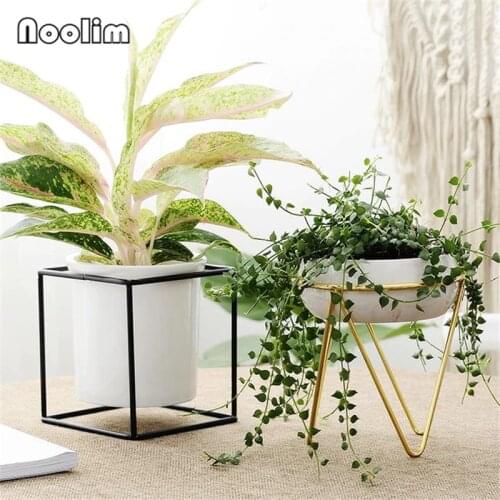 Creative Ceramic Flower Pot With Iron Base Simple Office Desktop Bonsai Living Room Flowerpot Home Decoration Ornaments