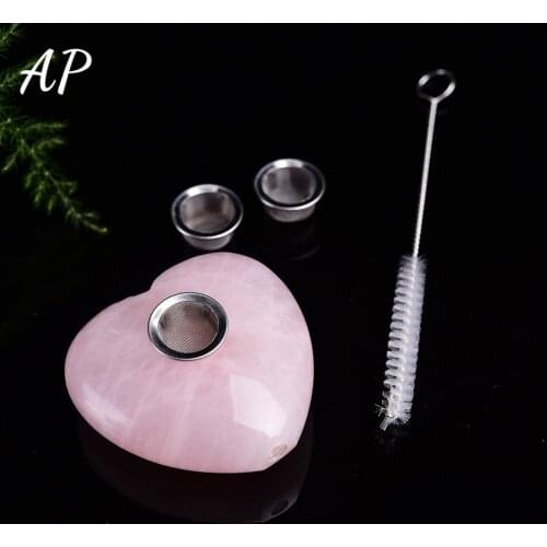 Natural Crystal Smoking Pipe Rose Quartz Stone Smoking Equipment + 3 Strainer+1 Brush Handlebar Healing Reiki Crystal For Gift
