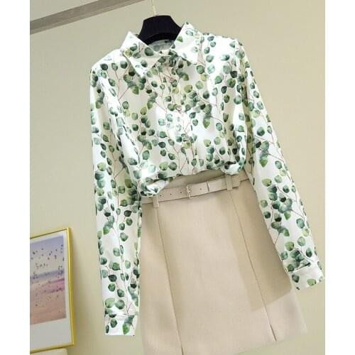 Fashion Design Chiffon Floral Women Shirts Summer New 2021 Green Long-Sleeved Elegant Office Lady Outwear Tops