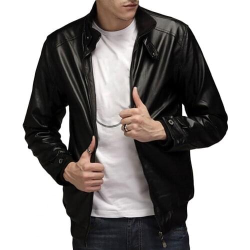 Zipper Closure Stand Collar Men Jacket Faux Leather Solid Color Slim Fit Motorcycle Jacket Outerwear Plus Size 3XL Black/Brown