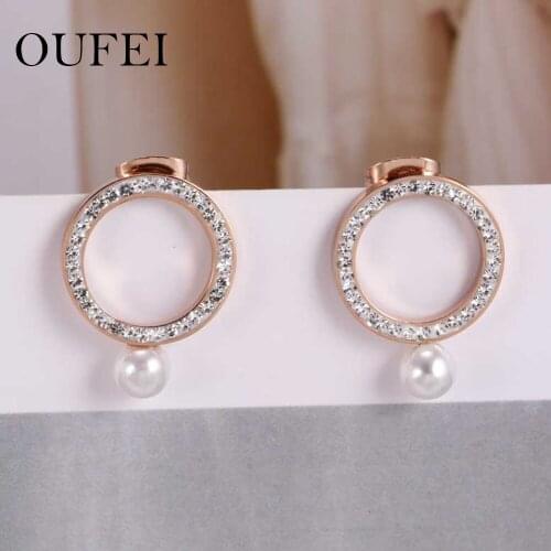 OUFEI Stainless Steel Stud earring rose gold Zircon Fashion Stud earring For Women Imitation pearls Round Stud earring