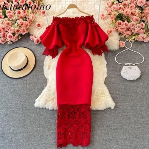 Kimutomo French Retro Party Dress Women Lace Patchwork Off Shoulder Slash Neck Lantern Sleeve Slim Waist Long Vestidos Elegant