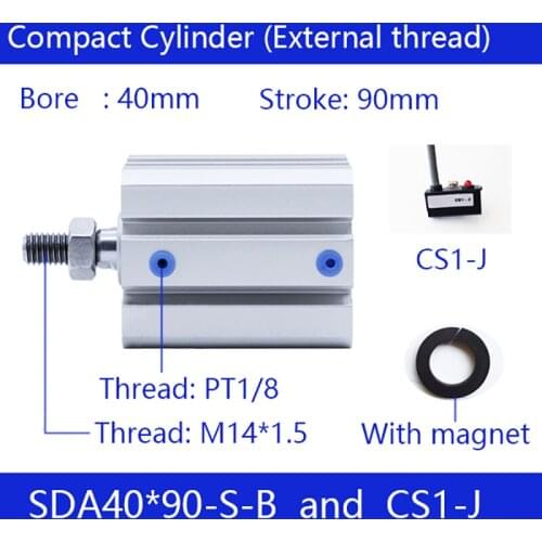 SDA40x90-B, 40mm Bore 90mm Stroke External thread Compact Air Cylinders Double Action Pneumatic Cylinder