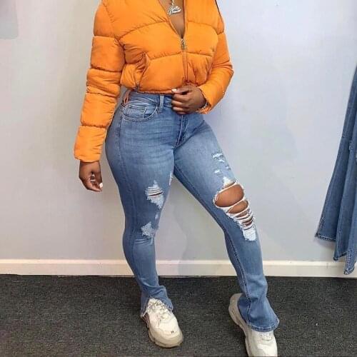 SEASONS Cotton Ripped Hole Side Slit Skinny Jeans With Pockets Women Denim Pants Trousers Autumn Casual Female Bottoms ASPA82127