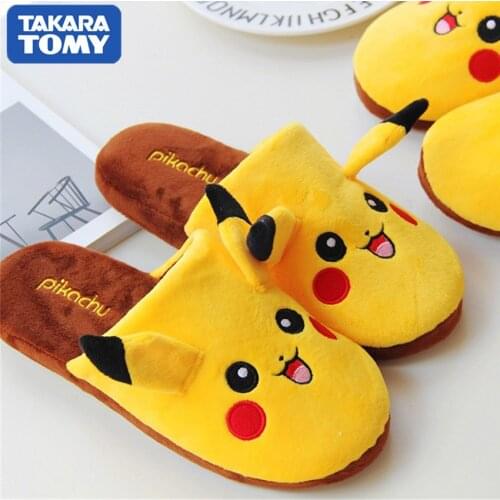 TAKARA TOMY Pokemon Kawaii Pikachu Plush Slippers Indoor Warm Winter Adult Shoes Cartoon Anime for Kids Girls Christmas Gift