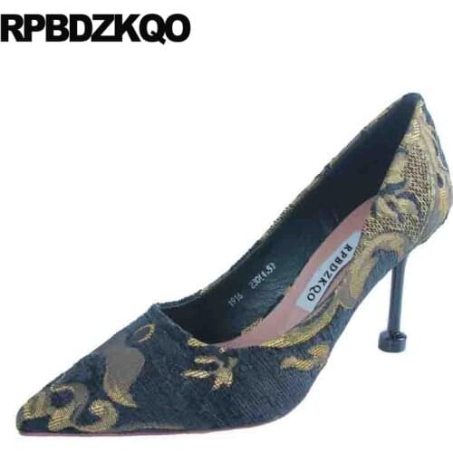High heels embroidery 8cm women fashion 2019 summer shoes embroidered stiletto pointed toe pumps ladies luxury black size 4 34