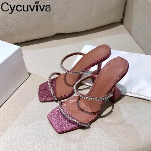 Sexy Sequins Rhinestone Women Slippers Slip On Single Strap Goblet Heels Women Shoes Ankle Wrap Sandals Party Wedding Shoes 2021