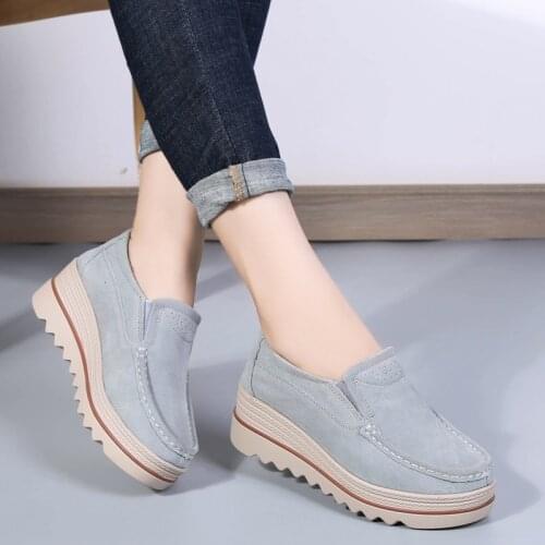Platform Sneakers Women Genuine Cow Leather Flats Slip On Loafers Wedge Shoes Shallow Ladies Casual Footwear Height Increasing
