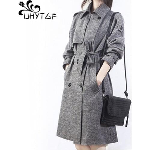 UHYTGF Women clothes 2019 trench coat for women plus size Medium long coat Slim Korean Double-breasted lattice Spliced trench127