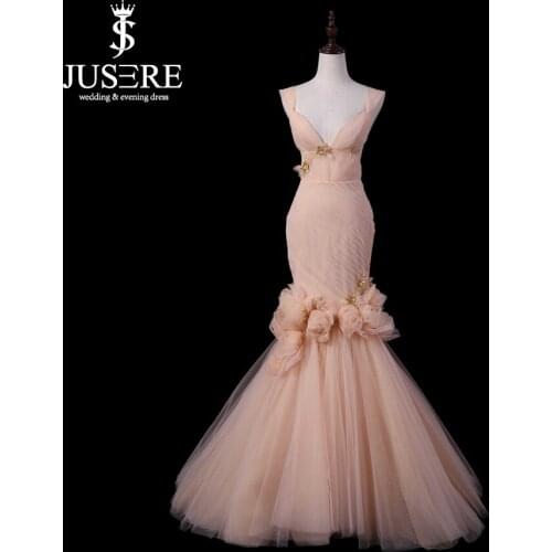 Jusere Robe De Soiree Champagne Mermaid Evening Dress 2018 Lace-Up Back Hand Made Flower Pleat Beaded Floor Length Formal Gowns