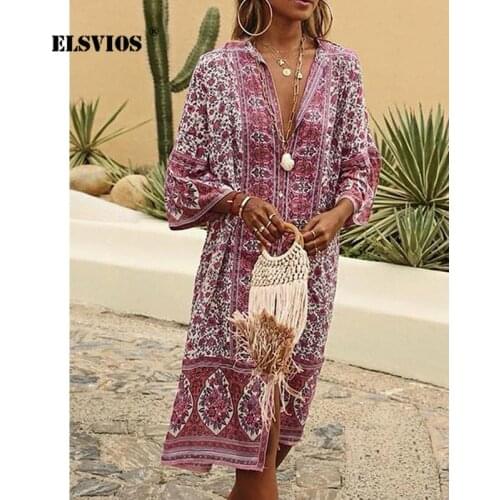 Spring And Summer 2021 European And American Women V-neck Bohemian Sexy Vacation Style Printed Ladies Dress 7-Point Sleeve Skirt