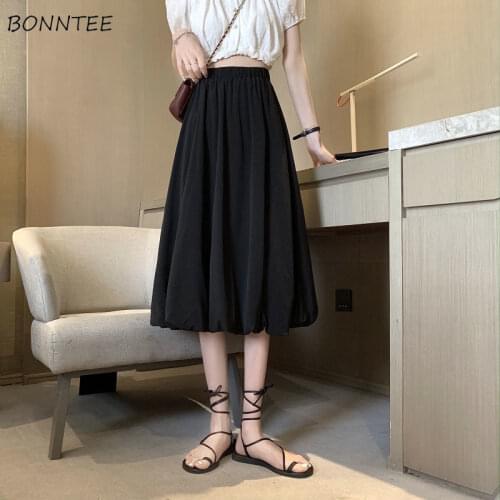 Skirts Women Solid Summer New Fashion Casual Sexy Female OL A-line Folds Korean Style A-line Elastic High Waist Elegant Saias