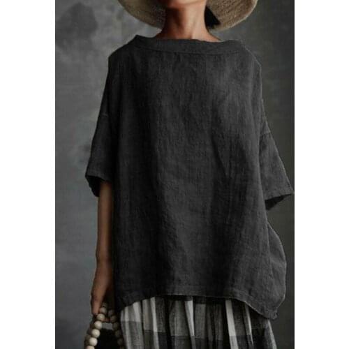 2021 summer new top woven round neck European and American cotton and linen style solid color Loose Womens Wear T-Shirt